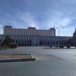 Deserted parking lot and hotel towers at Gold Strike