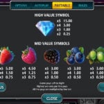 Online Slot Game Wild Cherry Blast Paytable Screenshot