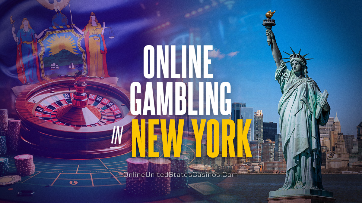 Page featured image with the title "Online Gambling in New York" with a roulette and the Statue of Liberty as backdrop