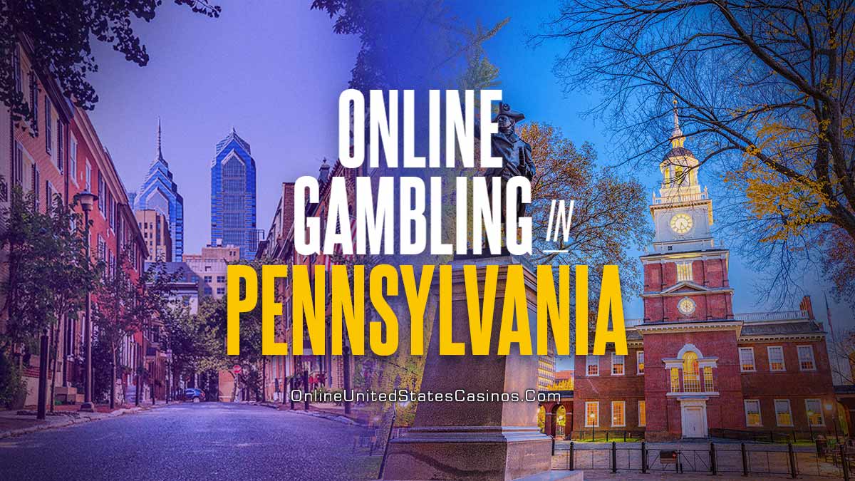 webpage featured image titled: Online Gambling in Pennsylvania. With images of building and cityscapes from PA