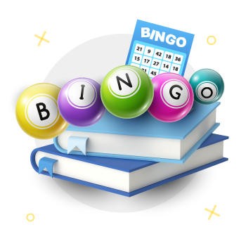 illustration depiction books piled with bingo balls that spell the word "bingo" and a bingo card