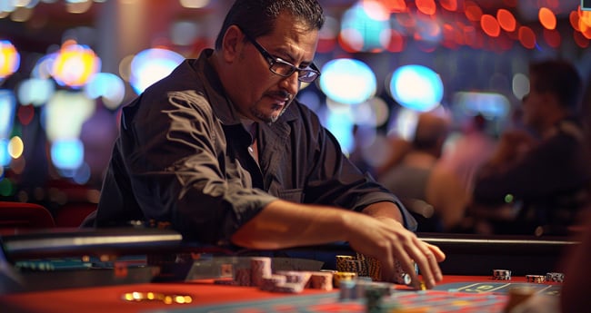 Man in a casino placing a bet in Roulette