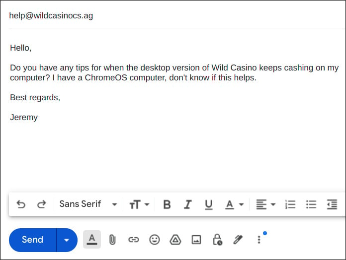 Email Screenshot of Jeremy's Message to Wild Casino Support