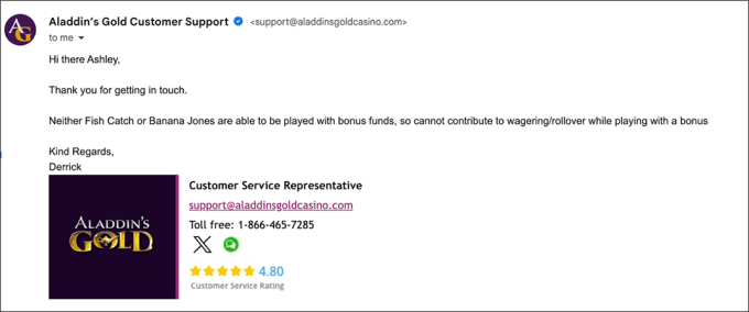 Aladdin's Gold Casino Customer Support Email