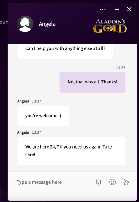 Aladdin's Gold Casino Support Chat 4