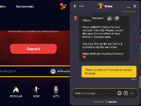 Hell Spin casino customer service live chat thumbnail 6
