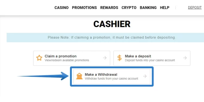 Selecting 'Make a Withdrawal' at Online Casino