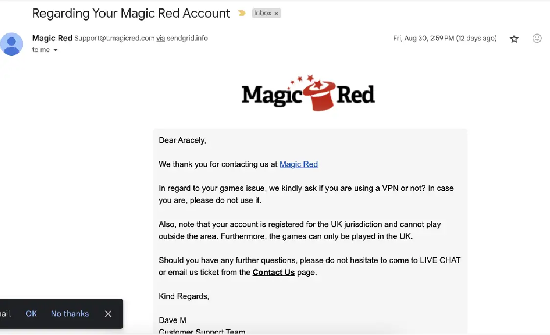 Magic Red Casino Email Reply